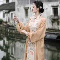 Polyester Sheath Women Cheongsam slimming & side slit & two piece & breathable printed floral Apricot Set