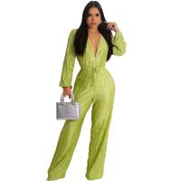 Polyester Long Jumpsuit deep V & loose Solid PC