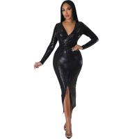 Polyester Waist-controlled One-piece Dress deep V & side slit Solid PC