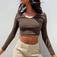 Polyester Women Long Sleeve T-shirt midriff-baring Solid brown PC