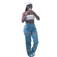 Polyester Ripped & Hip-hugger Women Jeans Solid sky blue PC