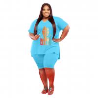 Polyester Plus Size Women Casual Set & two piece & loose short & short sleeve T-shirts printed Others Set