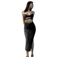 Polyester High Waist Sexy Package Hip Dresses deep V & side slit & backless & hollow patchwork Solid black PC