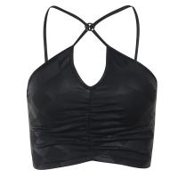 Polyester Slim & High Waist Tank Top midriff-baring & backless & off shoulder patchwork Solid black PC