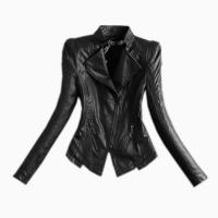 PU Leather Slim & Plus Size Women Coat  Solid black PC