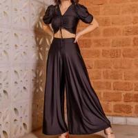 Polyester High Waist Women Casual Set deep V & two piece Wide Leg Trousers & top Solid Set