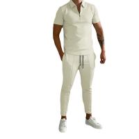 Polyester Slim Men Casual Set & two piece Long Trousers & short sleeve T-shirts Solid Set