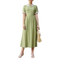 Cotton High Waist One-piece Dress slimming patchwork Solid green PC