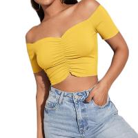 Polyester Slim Boat Neck Top & off shoulder Solid yellow PC