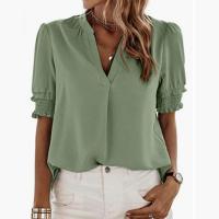 Polyester Women Short Sleeve Blouses & loose Solid PC