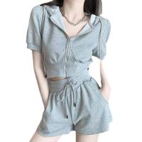 Polyester Women Casual Set slimming & two piece & with pocket short & top patchwork Solid gray Set