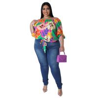 Polyester Plus Size Women Long Sleeve Blouses & loose printed floral PC