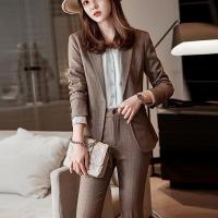 Polyester Women Business Pant Suit slimming & two piece Long Trousers & coat plaid Set