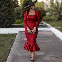 Polyester Waist-controlled One-piece Dress slimming & skinny style ruffles Solid red PC