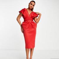 Polyester Waist-controlled One-piece Dress deep V & back split stretchable Solid red PC