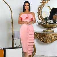 Polyester Waist-controlled One-piece Dress & off shoulder & skinny style stretchable Solid pink :4XL PC