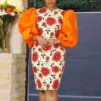 Polyester Waist-controlled One-piece Dress & skinny style stretchable floral orange PC