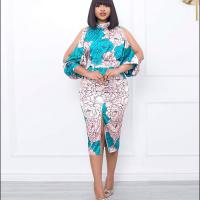 Polyester Waist-controlled & front slit One-piece Dress & hollow stretchable floral blue PC
