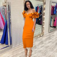 Polyester Waist-controlled One-piece Dress & off shoulder & skinny style stretchable Solid orange PC