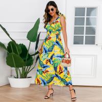 Polyester Waist-controlled One-piece Dress deep V printed Plant PC