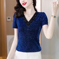 Gauze Women Short Sleeve T-Shirts see through look & loose & breathable embroider floral blue PC