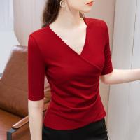 Polyester Slim Women Short Sleeve T-Shirts deep V & sweat absorption & breathable ruffles Solid PC