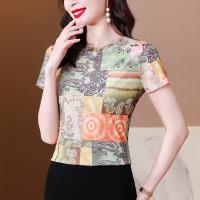 Polyester Slim Women Short Sleeve Blouses slimming & breathable printed Solid green PC