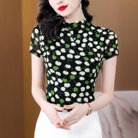 Real Silk Waist-controlled & Slim Women Short Sleeve Blouses & breathable printed Plant PC