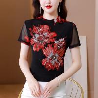 Gauze Waist-controlled & Slim Women Short Sleeve T-Shirts see through look & breathable printed floral PC