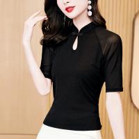 Knitted Waist-controlled & Slim Women Short Sleeve T-Shirts see through look patchwork Solid black PC