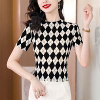 Polyester Waist-controlled & Slim Women Short Sleeve Blouses flexible & breathable patchwork Argyle black PC