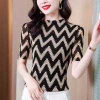 Polyester Waist-controlled & Slim Women Short Sleeve Blouses flexible & breathable printed striped black PC