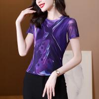 Polyester Waist-controlled Women Short Sleeve Blouses flexible & sweat absorption printed Solid purple PC