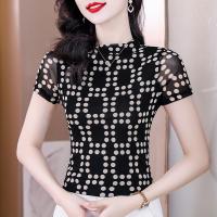 Polyester Waist-controlled Women Short Sleeve Blouses see through look & flexible & sweat absorption printed Solid black PC