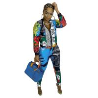 Polyester Women Casual Set & two piece & skinny Long Trousers & long sleeve shirt printed Others blue Set