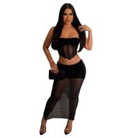 Polyester Two-Piece Dress Set see through look & two piece Solid black Set