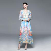 Chiffon Waist-controlled & long style One-piece Dress deep V & breathable printed floral blue PC