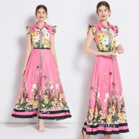 Real Silk long style & front slit One-piece Dress printed Plant pink PC