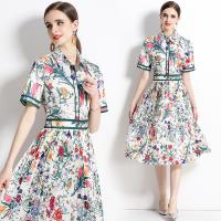 Polyester Waist-controlled & Slim & Pleated One-piece Dress printed shivering white PC