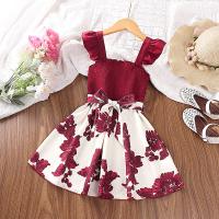 Polyester Girl One-piece Dress Cute printed floral red PC