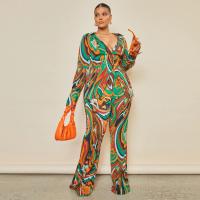Polyester Plus Size Women Casual Set & loose Long Trousers & long sleeve shirt printed Others green Set