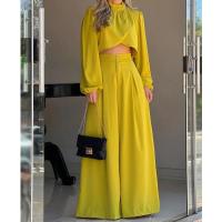 Polyester Women Casual Set & two piece & loose Long Trousers & top Solid yellow Set