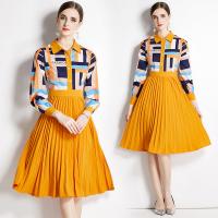 Polyester Waist-controlled & Soft & Pleated One-piece Dress printed abstract pattern yellow PC