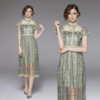 Gauze Waist-controlled & Soft One-piece Dress see through look & double layer embroider shivering green PC