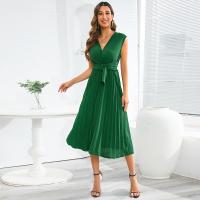 Polyester Pleated One-piece Dress & loose & breathable ruffles Solid PC