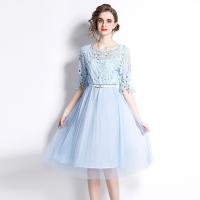 Polyester Waist-controlled One-piece Dress see through look & double layer & hollow crochet floral blue PC