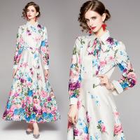 Polyester Waist-controlled & long style One-piece Dress slimming printed floral white PC