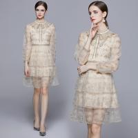 Polyester Waist-controlled One-piece Dress see through look & double layer printed shivering Apricot PC