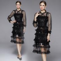 Polyester Waist-controlled One-piece Dress see through look & double layer embroider shivering black PC