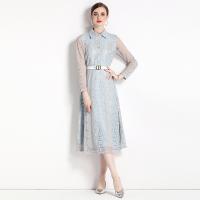 Polyester Waist-controlled & long style One-piece Dress see through look & double layer embroider Solid blue PC